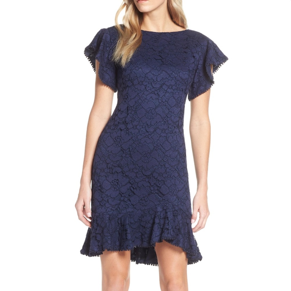 Vince Camuto Dark Blue Lace Flutter Sleeve Dress - Picture 13 of 13